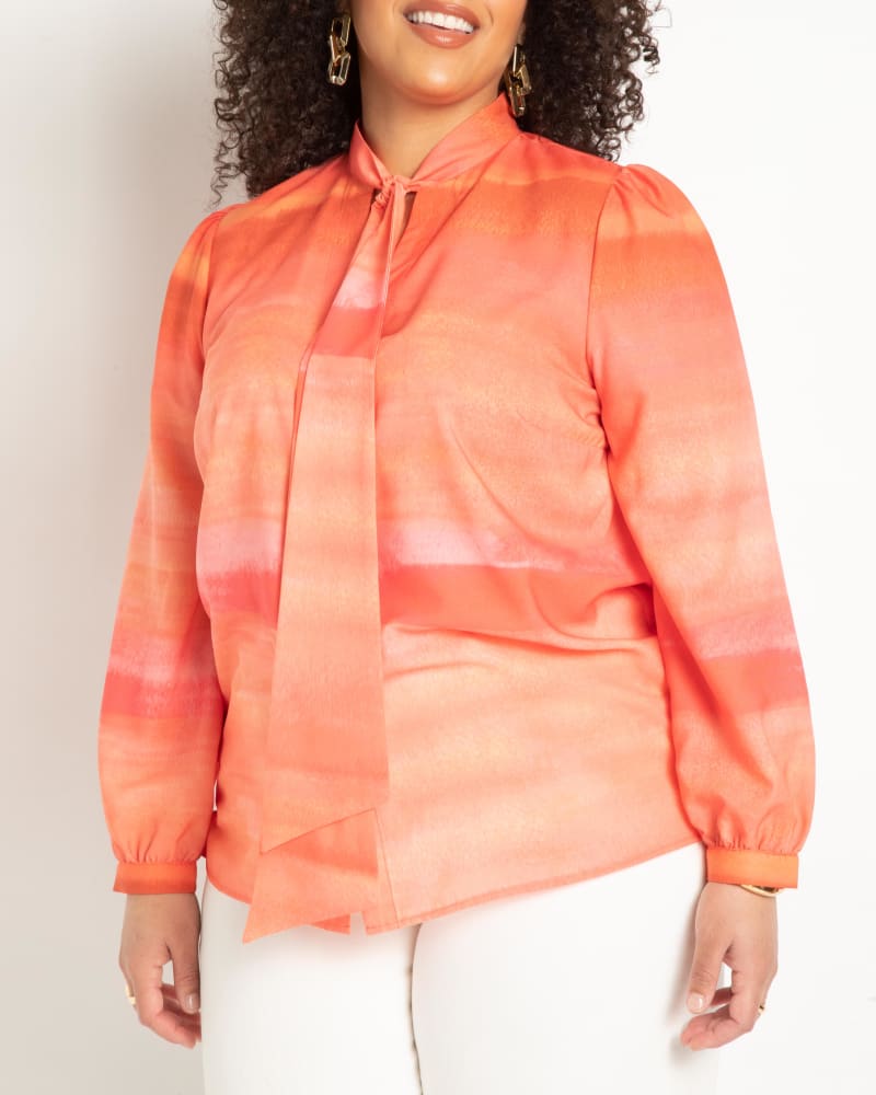 Front of a model wearing a size 24 Tie Neck Blouse in Summer Sun by ELOQUII. | dia_product_style_image_id:284430